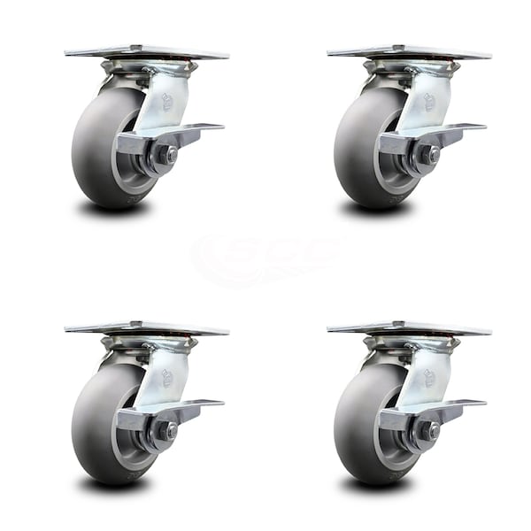 5 Inch Heavy Duty Thermoplastic Caster Set with Ball Bearings and Brakes SCC